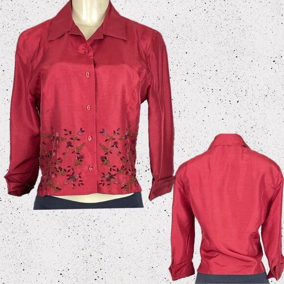 Ice 4 Red Silk Beaded Floral Button Down Front Lined Collar 3/4 Sleeve Blouse - Picture 1 of 6